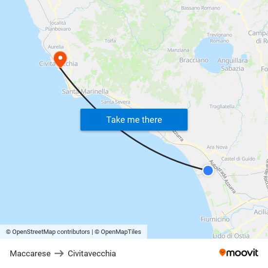 Maccarese to Civitavecchia map