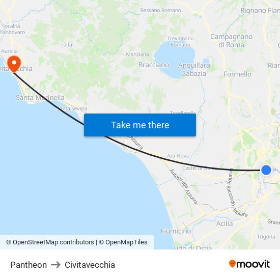 Pantheon to Civitavecchia map