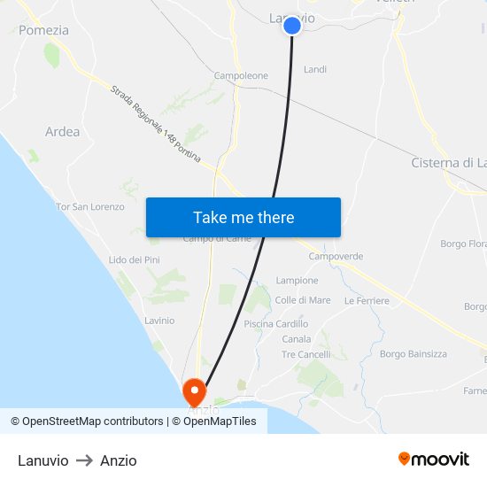 Lanuvio to Anzio map