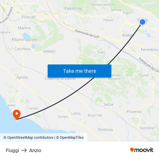 Fiuggi to Anzio map
