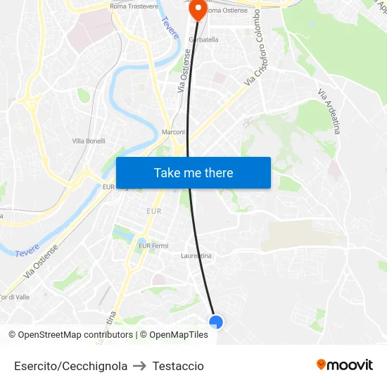 Esercito/Cecchignola to Testaccio map