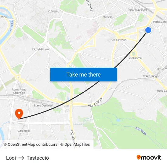 Lodi to Testaccio map