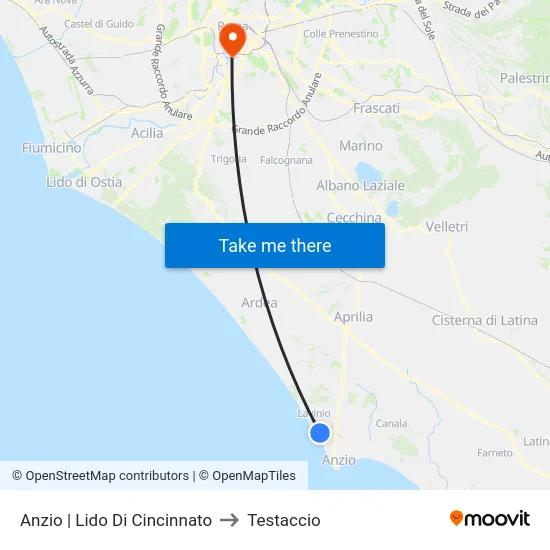 Anzio | Lido Di Cincinnato to Testaccio map