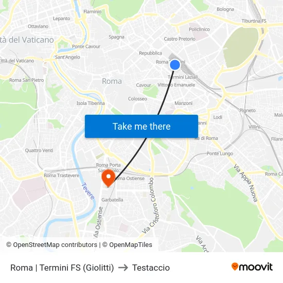 Roma | Termini FS (Giolitti) to Testaccio map