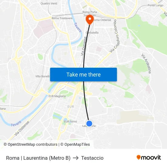 Roma | Laurentina (Metro B) to Testaccio map