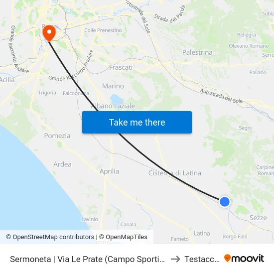 Sermoneta | Via Le Prate (Campo Sportivo) to Testaccio map