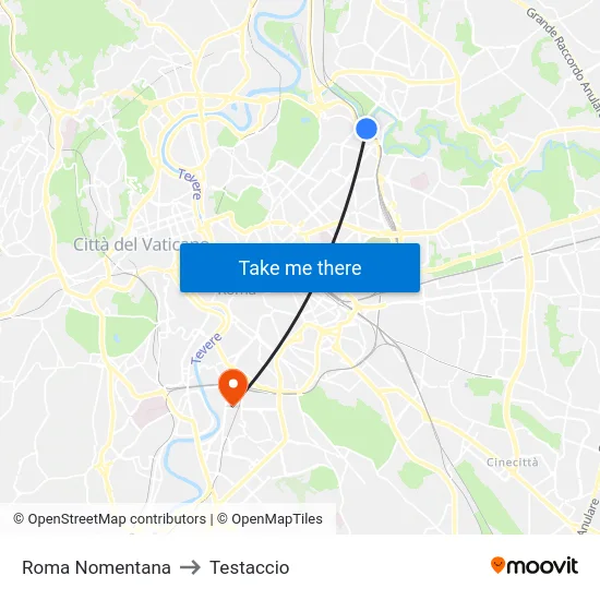 Roma Nomentana to Testaccio map