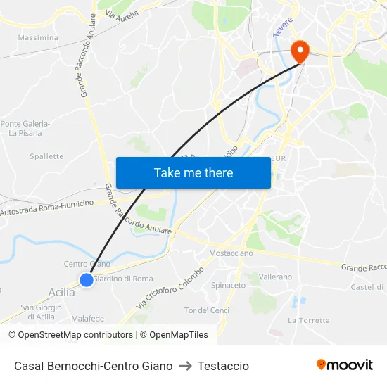 Casal Bernocchi-Centro Giano to Testaccio map