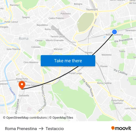 Roma Prenestina to Testaccio map