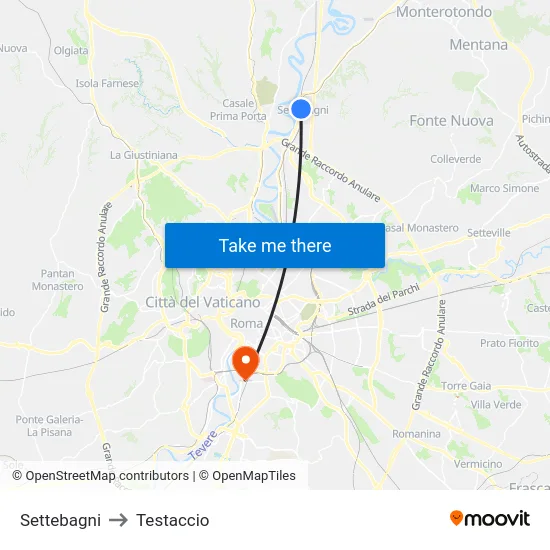 Settebagni to Testaccio map