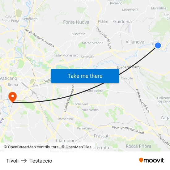 Tivoli to Testaccio map