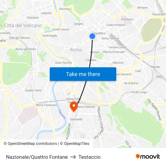 Nazionale/Quattro Fontane to Testaccio map
