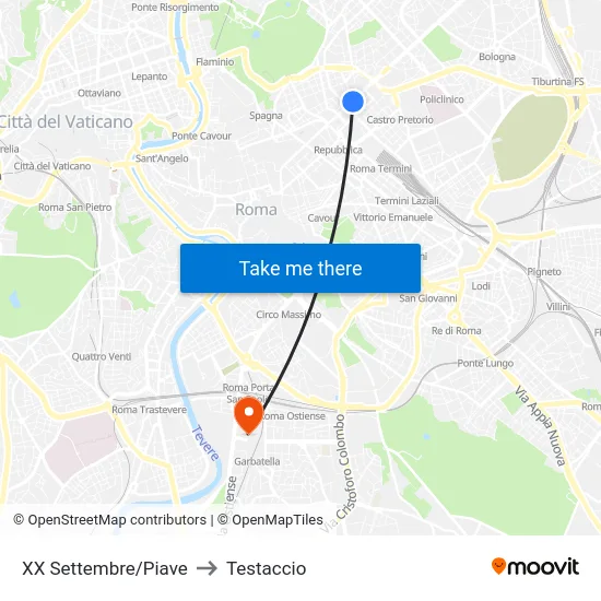 XX Settembre/Piave to Testaccio map