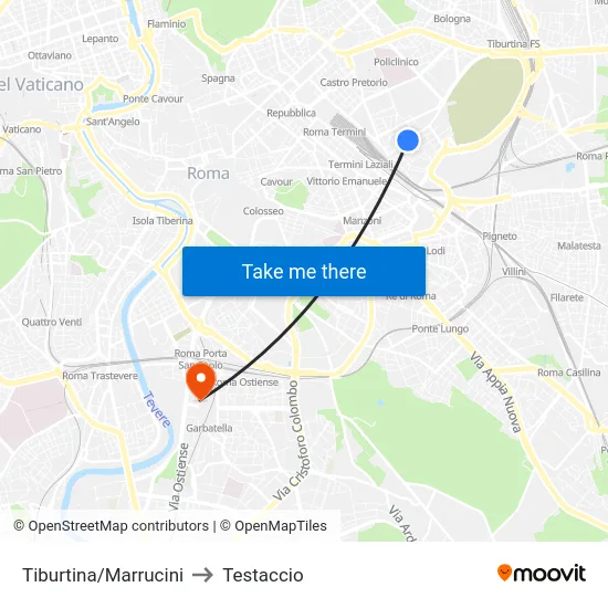 Tiburtina/Marrucini to Testaccio map