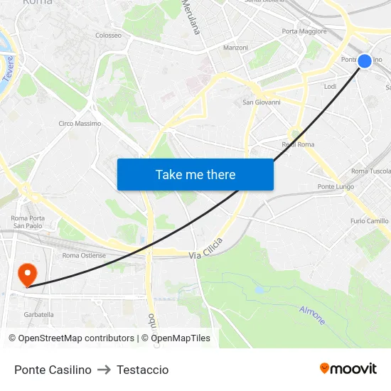 Ponte Casilino to Testaccio map