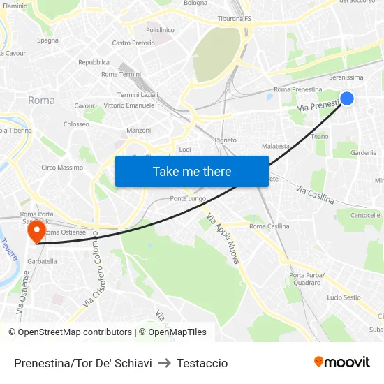 Prenestina/Tor De' Schiavi to Testaccio map