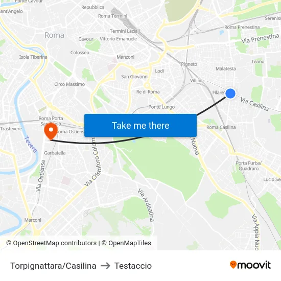 Torpignattara/Casilina to Testaccio map