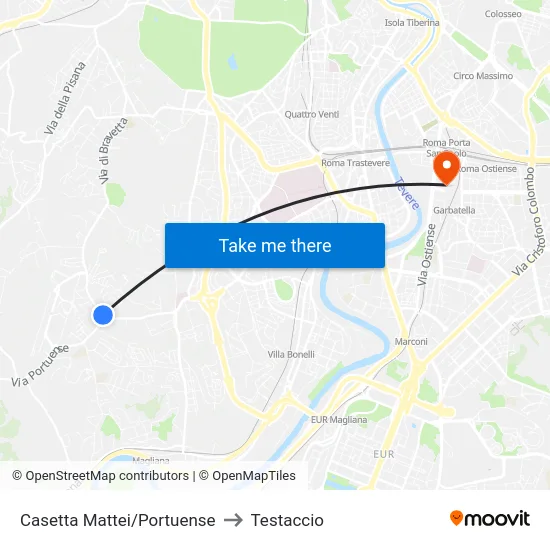 Casetta Mattei/Portuense to Testaccio map