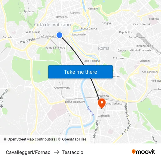 Cavalleggeri/Fornaci to Testaccio map