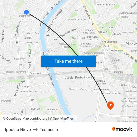 Ippolito Nievo to Testaccio map