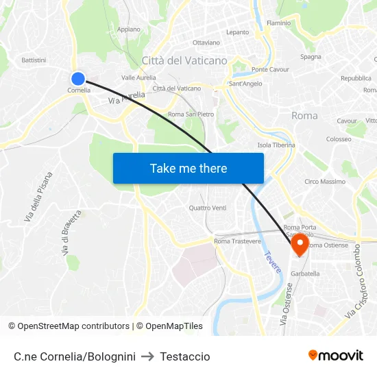 C.ne Cornelia/Bolognini to Testaccio map