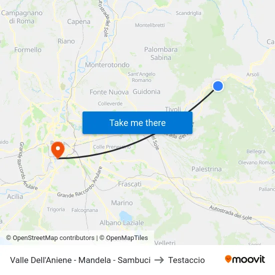 Valle Dell'Aniene - Mandela - Sambuci to Testaccio map