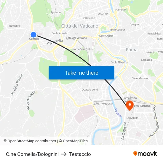 C.ne Cornelia/Bolognini to Testaccio map