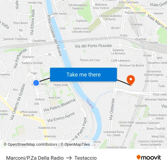 Marconi/P.Za Della Radio to Testaccio map