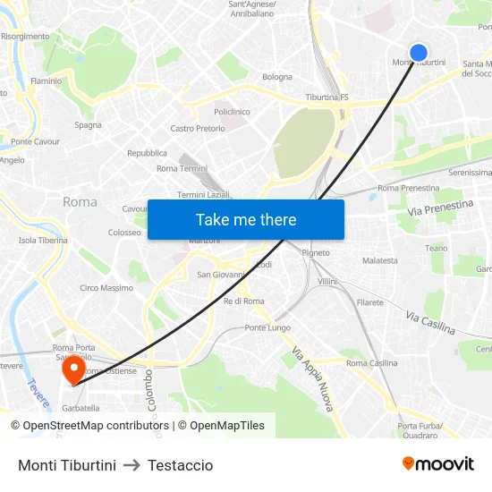 Monti Tiburtini to Testaccio map