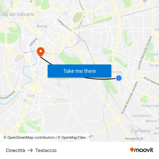 Cinecittà to Testaccio map