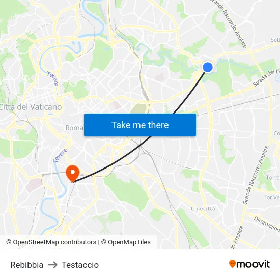 Rebibbia to Testaccio map