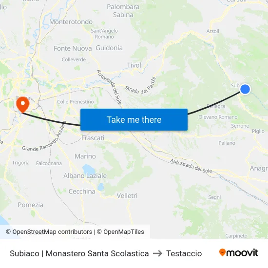 Subiaco | Monastero Santa Scolastica to Testaccio map