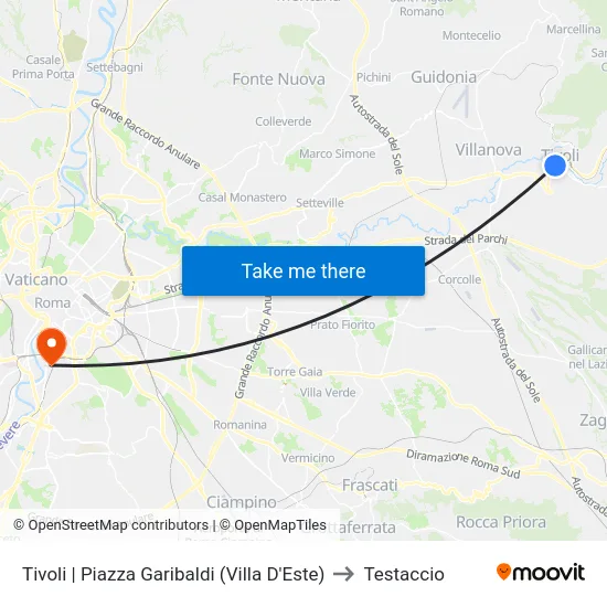 Tivoli | Piazza Garibaldi (Villa D'Este) to Testaccio map