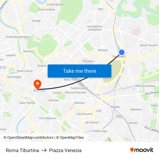 Roma Tiburtina to Piazza Venezia map