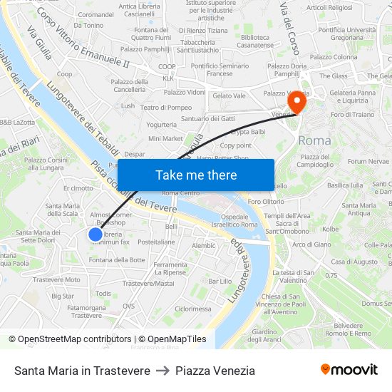 Santa Maria in Trastevere to Piazza Venezia map