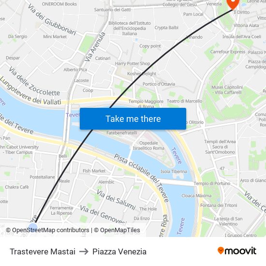 Trastevere Mastai to Piazza Venezia map