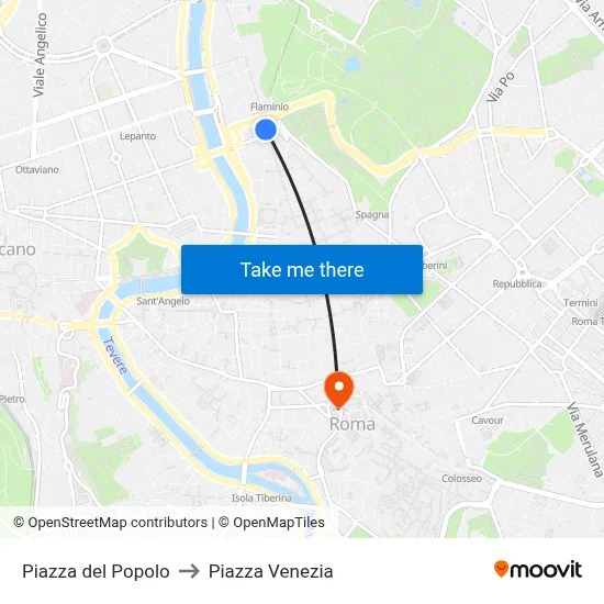 Piazza del Popolo to Piazza Venezia map