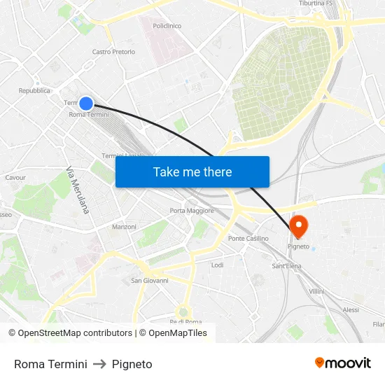Roma Termini to Pigneto map