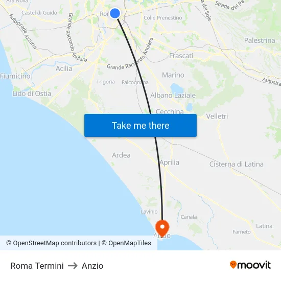 Roma Termini to Anzio map
