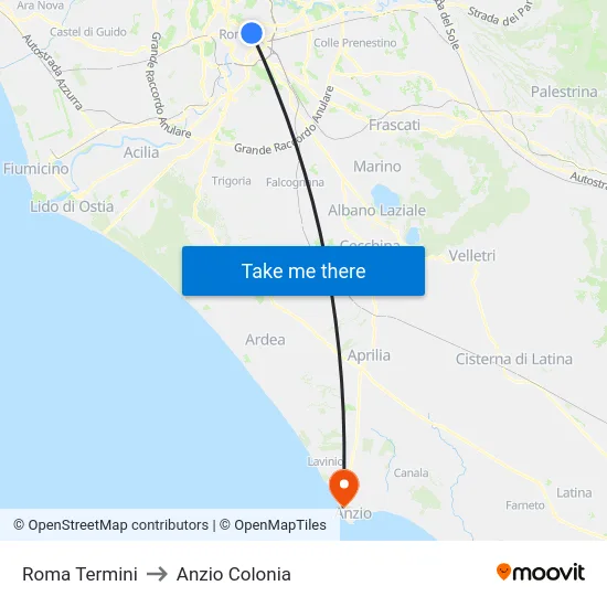 Roma Termini to Anzio Colonia map