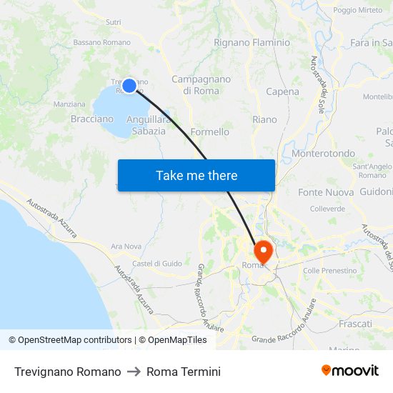 Trevignano Romano to Roma Termini map