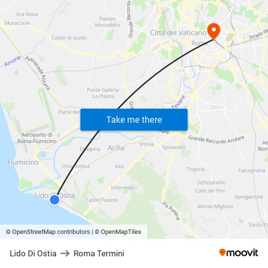 Lido Di Ostia to Roma Termini map