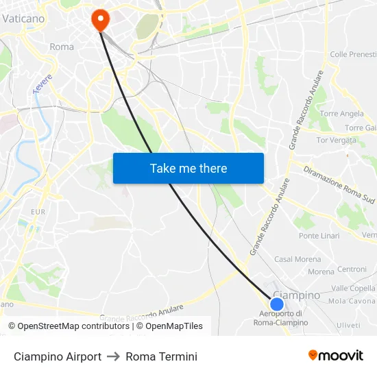 Ciampino Airport to Roma Termini map