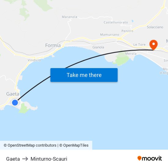 Gaeta to Minturno-Scauri map