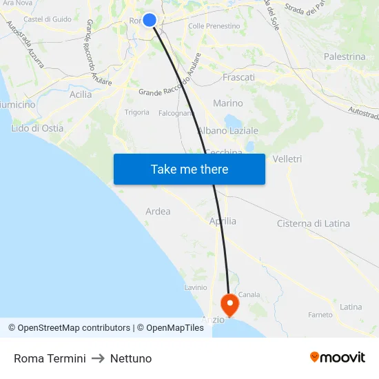 Roma Termini to Nettuno map