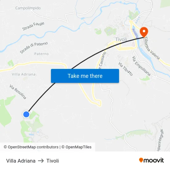 Villa Adriana to Tivoli map