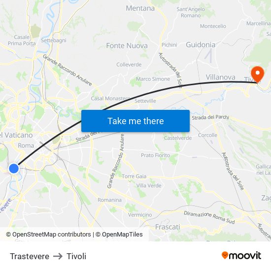 Trastevere to Tivoli map