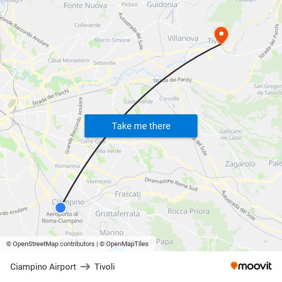 Ciampino Airport to Tivoli map