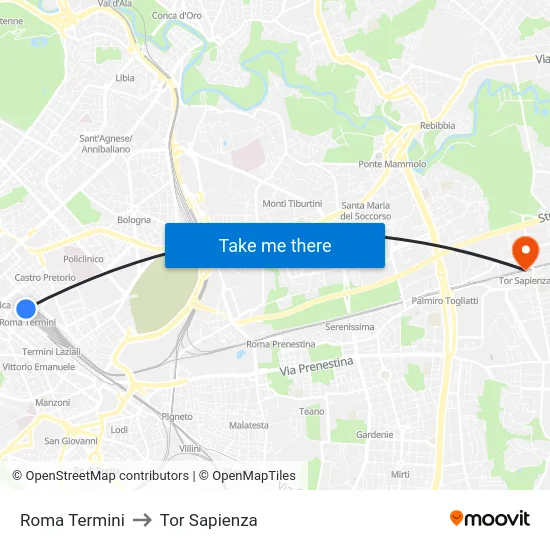 Roma Termini to Tor Sapienza map