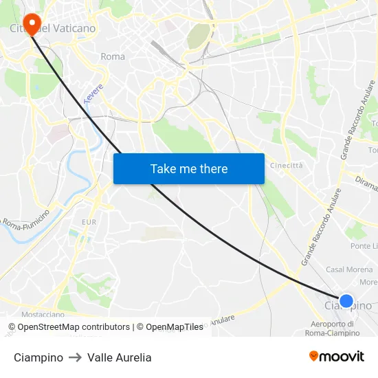Ciampino to Valle Aurelia map